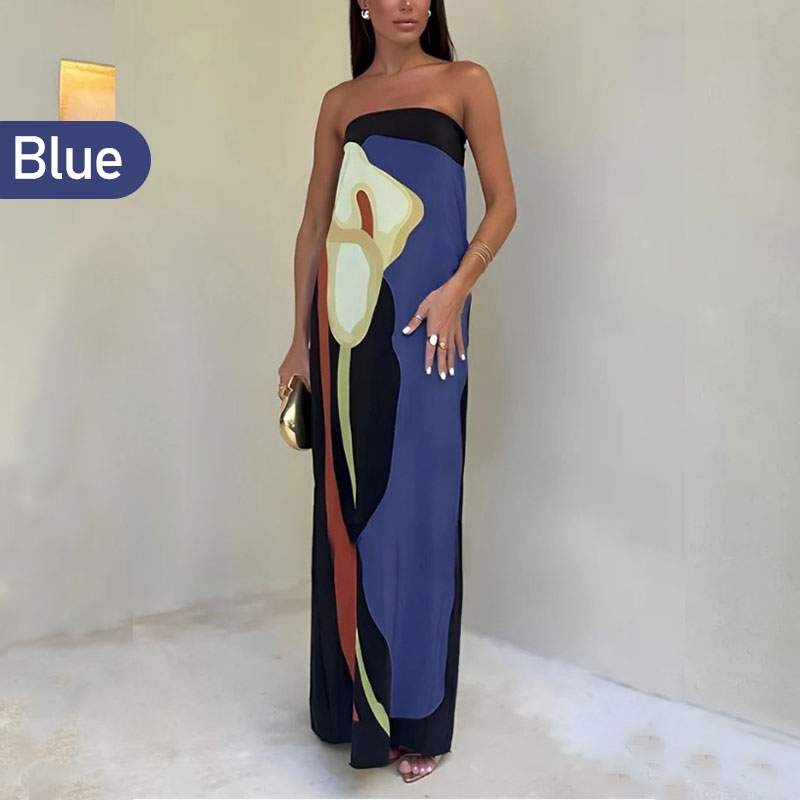 Jaime Abstract Floral Print Elasticated Off Shoulder Vacation Loose Maxi Dress-10