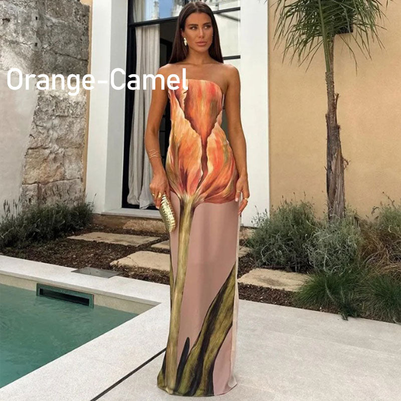 Jaime Abstract Floral Print Elasticated Off Shoulder Vacation Loose Maxi Dress-12