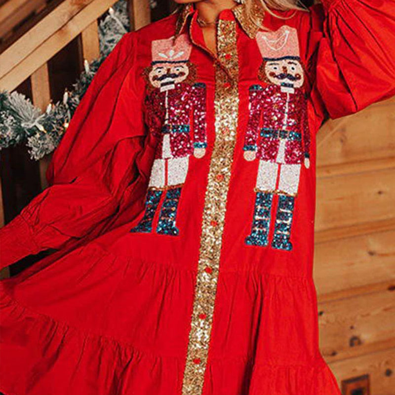 🔥HOT Sale🔥Nutcracker Sequined Button-Down Long Sleeve Mini Dress-2