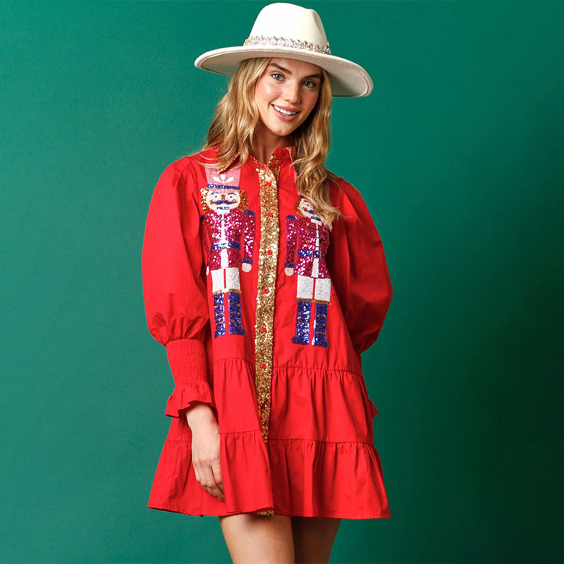 🔥HOT Sale🔥Nutcracker Sequined Button-Down Long Sleeve Mini Dress-6