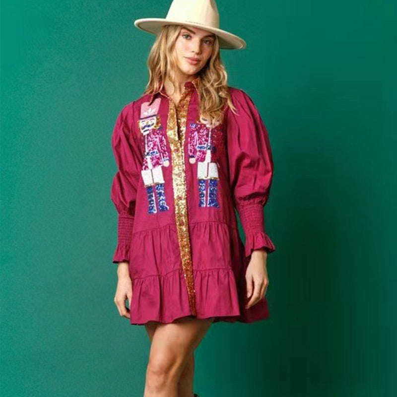 🔥HOT Sale🔥Nutcracker Sequined Button-Down Long Sleeve Mini Dress-15