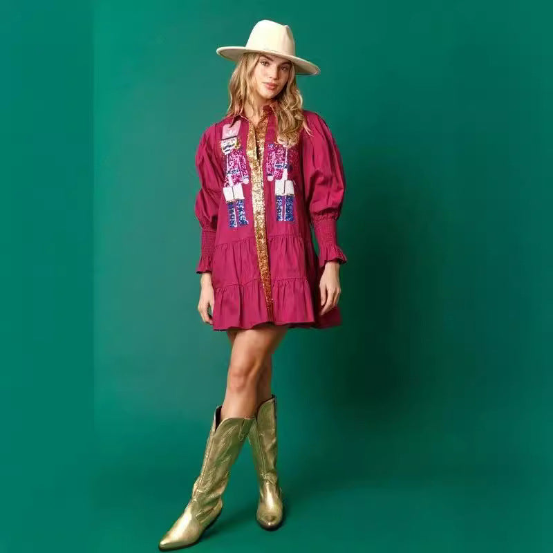 🔥HOT Sale🔥Nutcracker Sequined Button-Down Long Sleeve Mini Dress-21