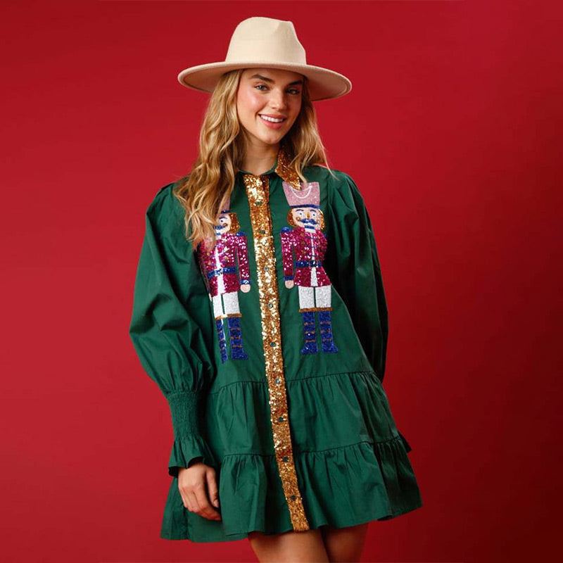 🔥HOT Sale🔥Nutcracker Sequined Button-Down Long Sleeve Mini Dress-22