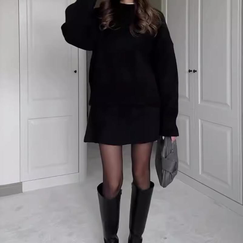 🍁2024 Autumn New Solid Color Casual College Style Knit Dress Set 👗🍂2-Piece Sweater Set: Long-Sleeve Top & Mini Skirt-4
