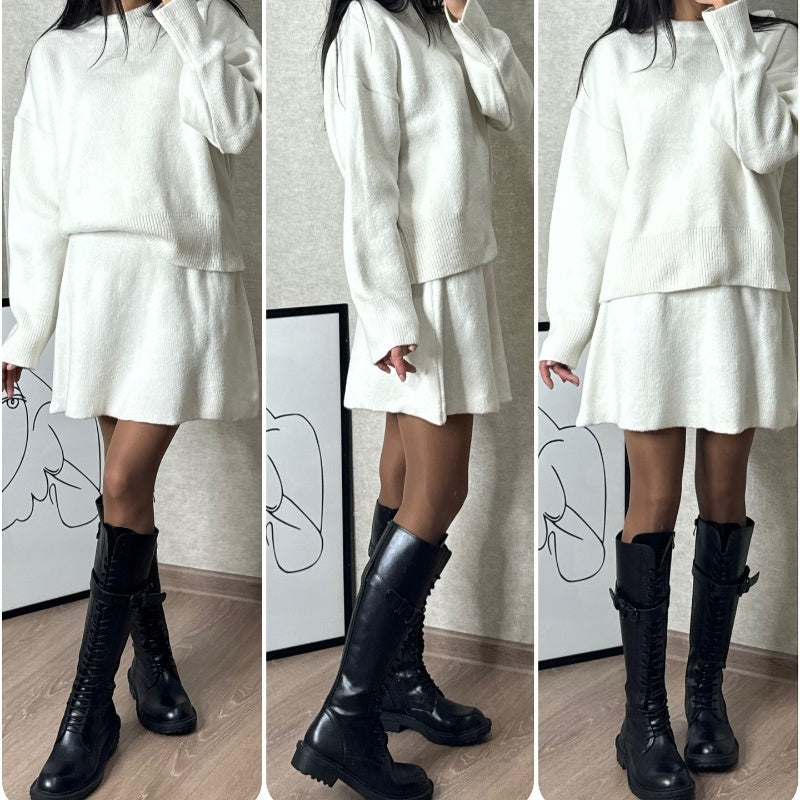 🍁2024 Autumn New Solid Color Casual College Style Knit Dress Set 👗🍂2-Piece Sweater Set: Long-Sleeve Top & Mini Skirt-2