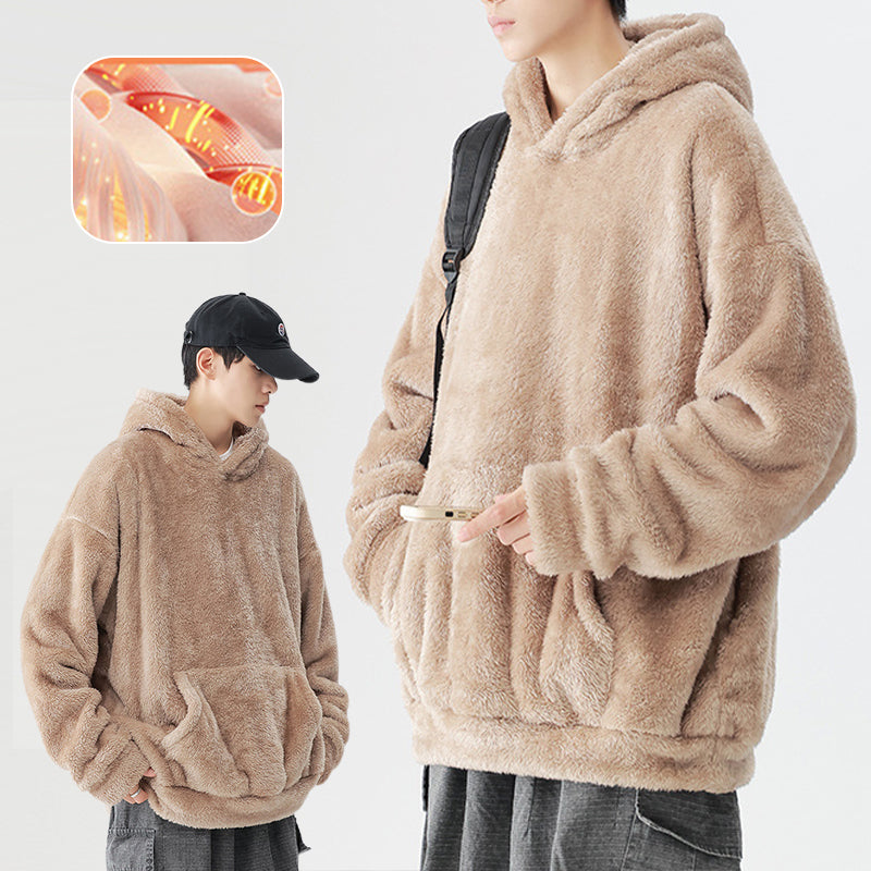 Men's Solid Color Thickened Loose Fuzzy Hooded Sweatshirt-2