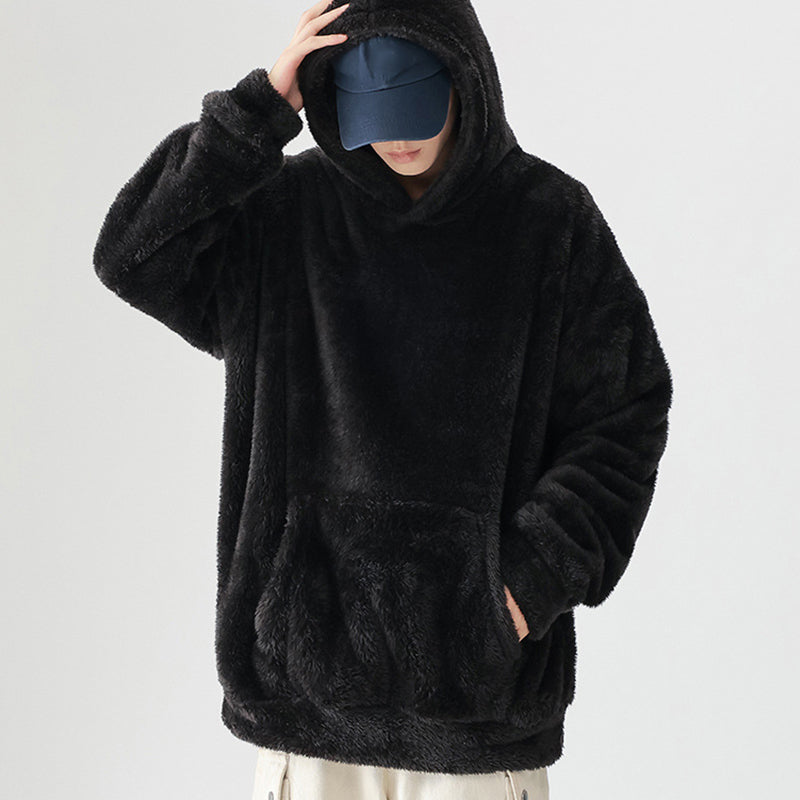 Men's Solid Color Thickened Loose Fuzzy Hooded Sweatshirt-3