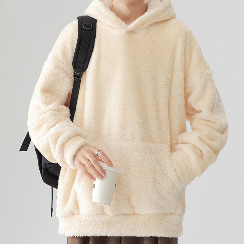 Men's Solid Color Thickened Loose Fuzzy Hooded Sweatshirt-4