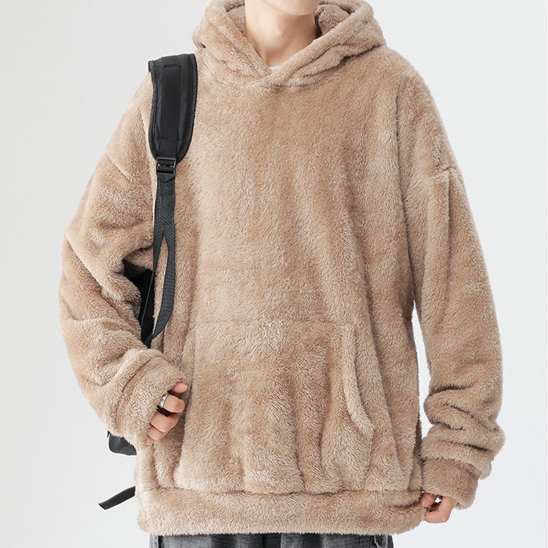 Men's Solid Color Thickened Loose Fuzzy Hooded Sweatshirt-5