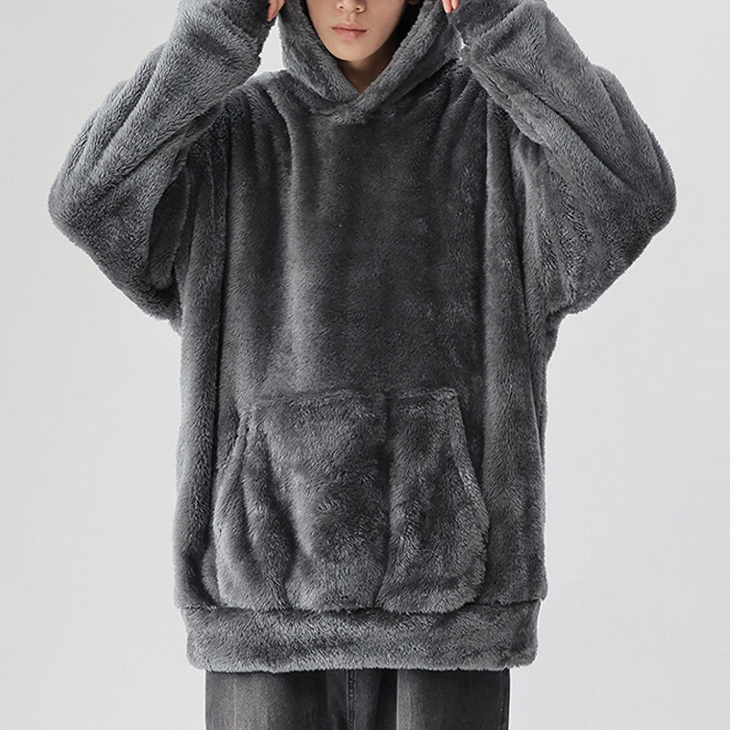 Men's Solid Color Thickened Loose Fuzzy Hooded Sweatshirt-6