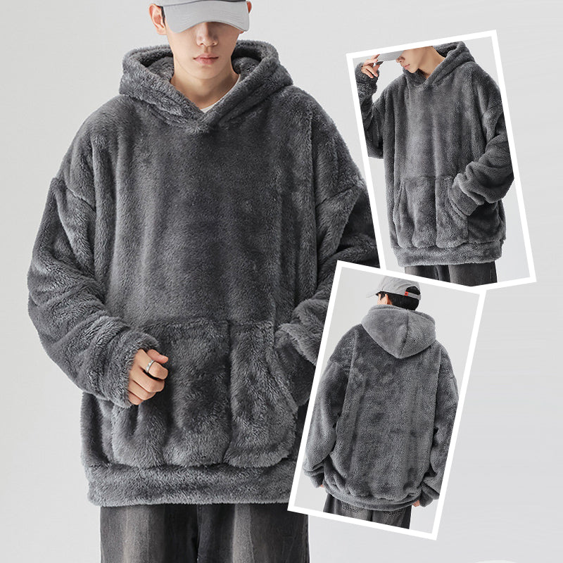 Men's Solid Color Thickened Loose Fuzzy Hooded Sweatshirt-7