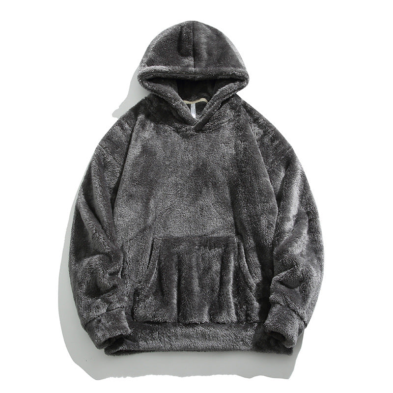 Men's Solid Color Thickened Loose Fuzzy Hooded Sweatshirt-12