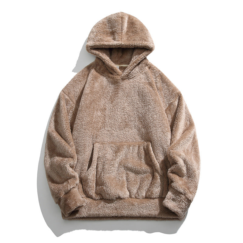 Men's Solid Color Thickened Loose Fuzzy Hooded Sweatshirt-14
