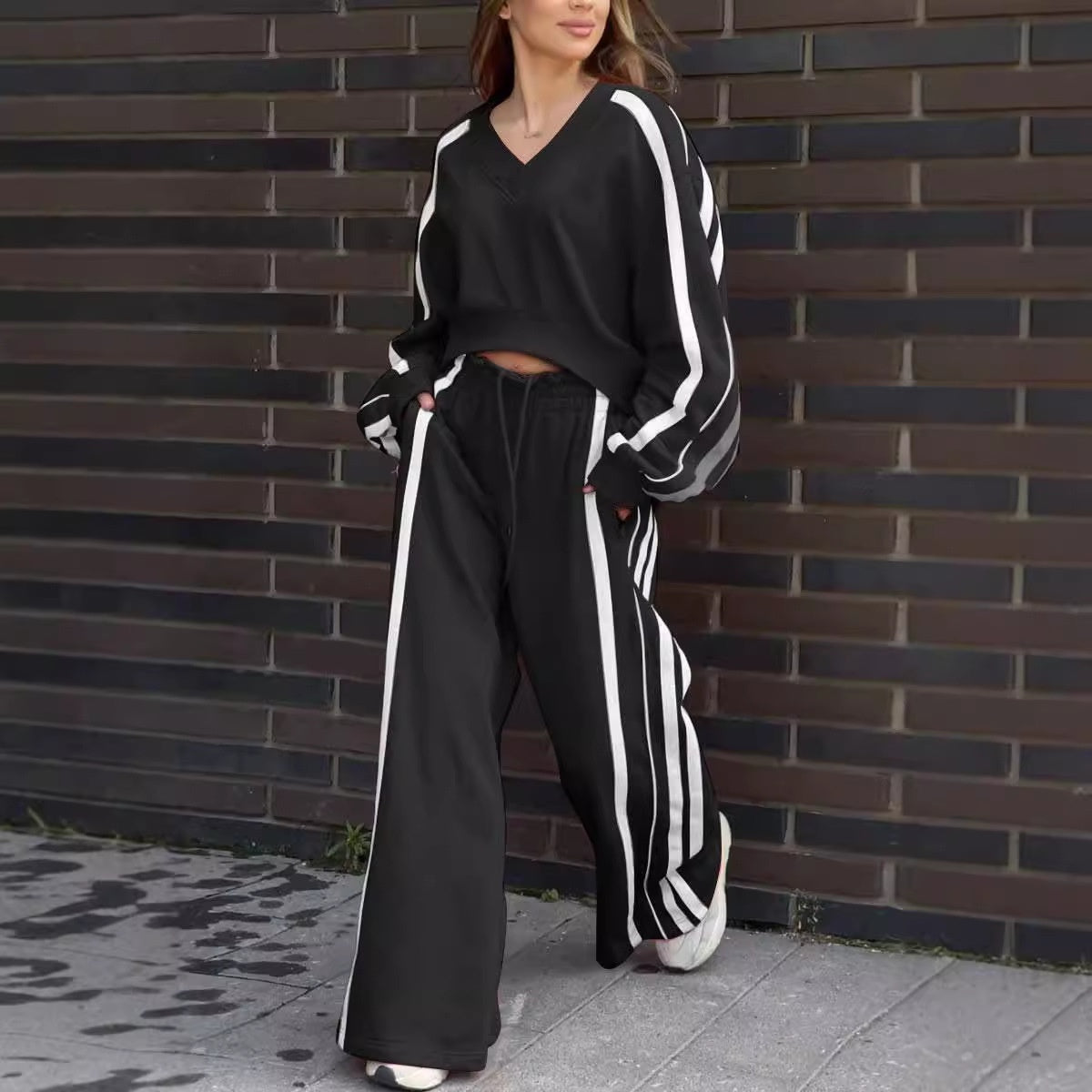 V-Neck Sweatshirt & Wide-Leg Pants 2-Piece Set-1