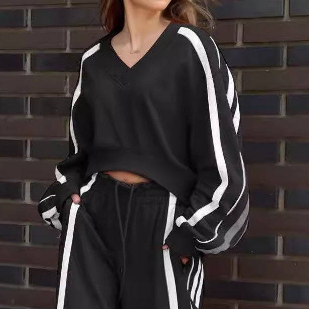 V-Neck Sweatshirt & Wide-Leg Pants 2-Piece Set-4
