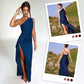 Satin One Shoulder Drape Slit Maxi Dress-2