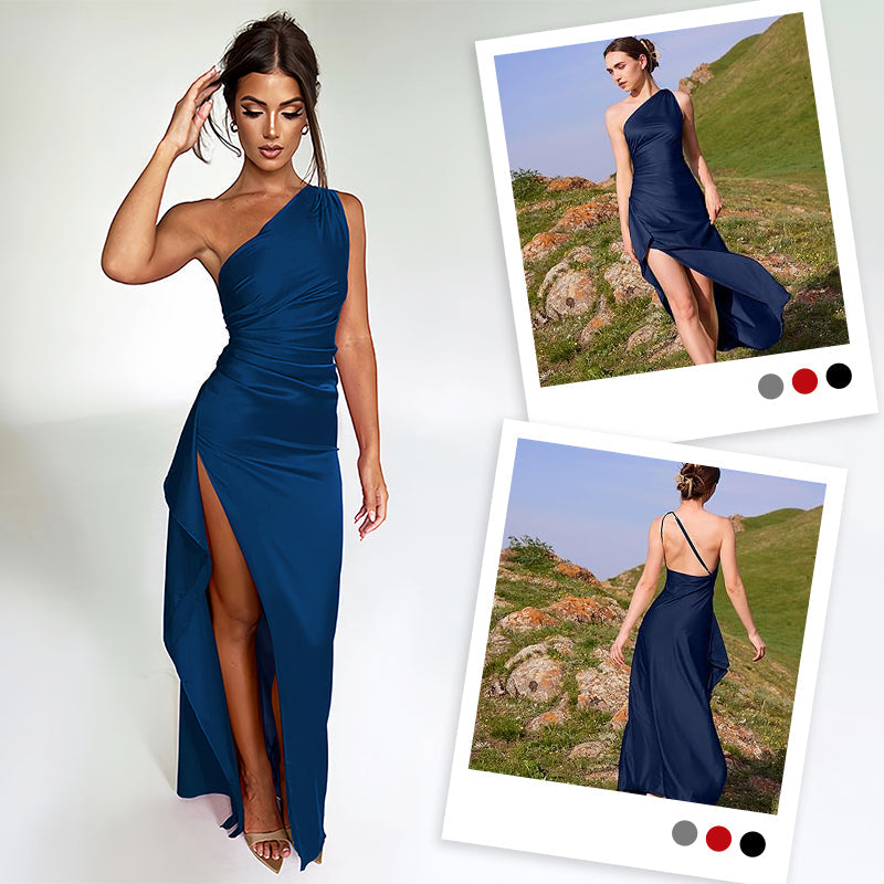 Satin One Shoulder Drape Slit Maxi Dress-2