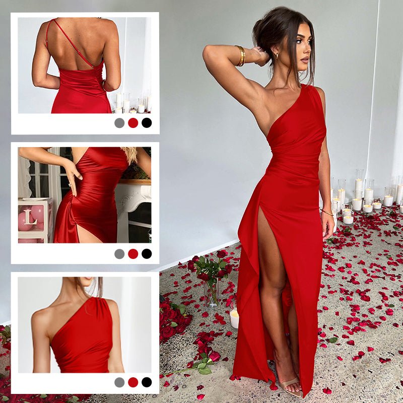 Satin One Shoulder Drape Slit Maxi Dress-1
