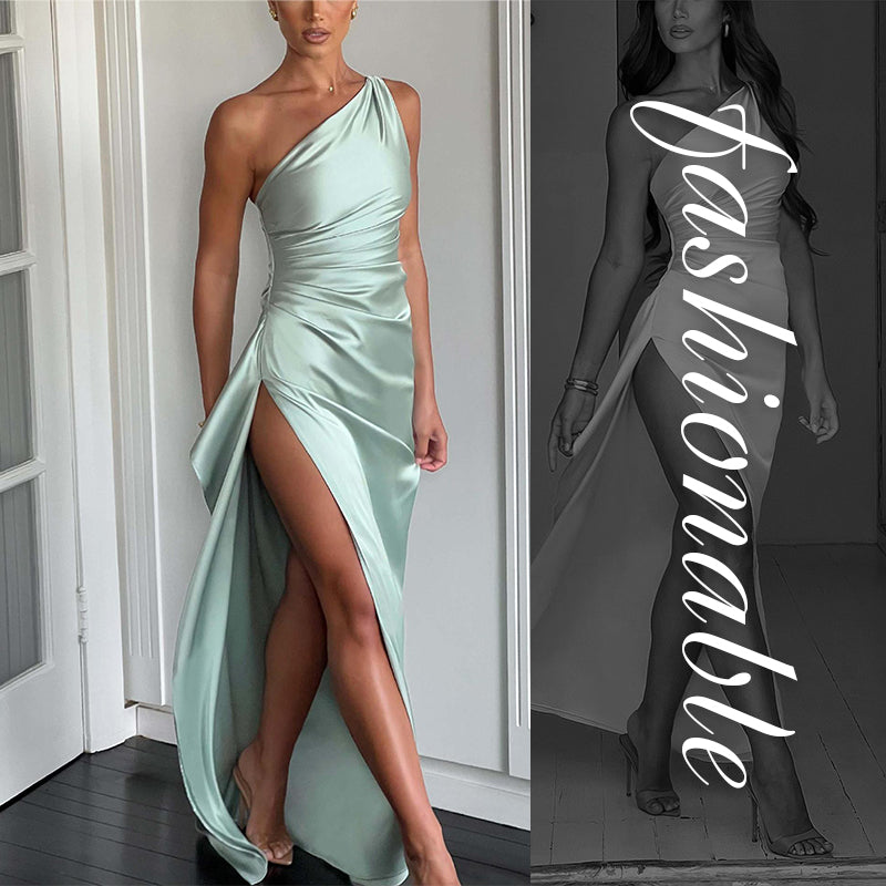 Satin One Shoulder Drape Slit Maxi Dress-4