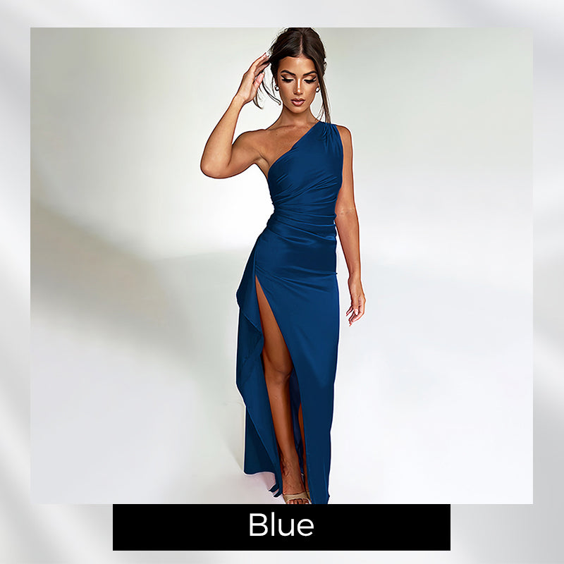 Satin One Shoulder Drape Slit Maxi Dress-11