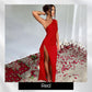 Satin One Shoulder Drape Slit Maxi Dress-10