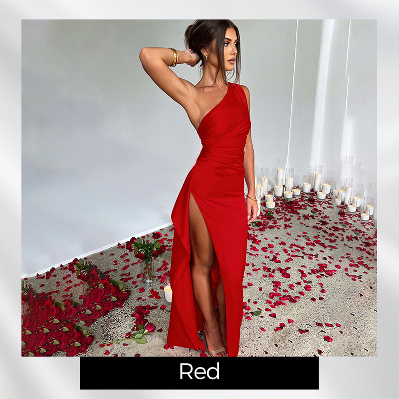 Satin One Shoulder Drape Slit Maxi Dress-10