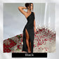 Satin One Shoulder Drape Slit Maxi Dress-9