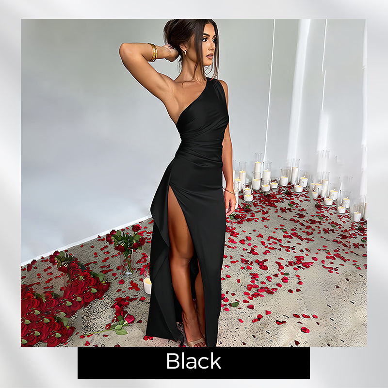 Satin One Shoulder Drape Slit Maxi Dress-9