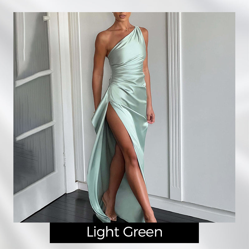 Satin One Shoulder Drape Slit Maxi Dress-12