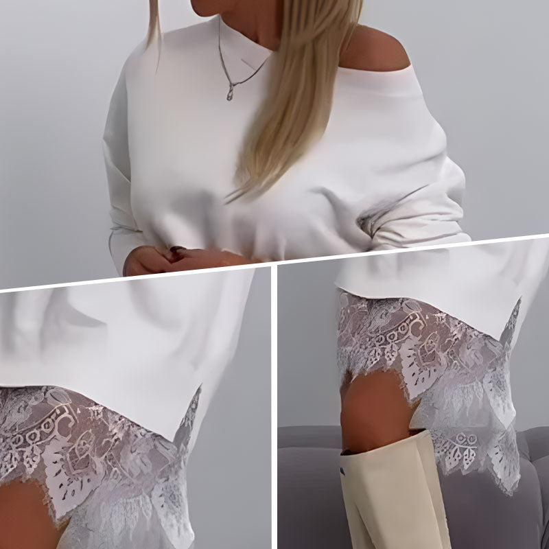 🍂Fall Hot Sale🌸Lace Trim Split Loose Fit Mid-Length Sweatshirt-5