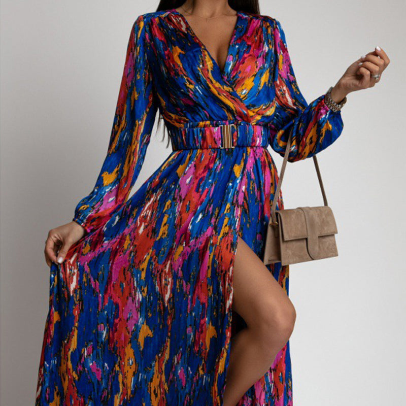 ✨New Arrival✨Women's Printed Long Sleeve V-Neck Split Dress-4