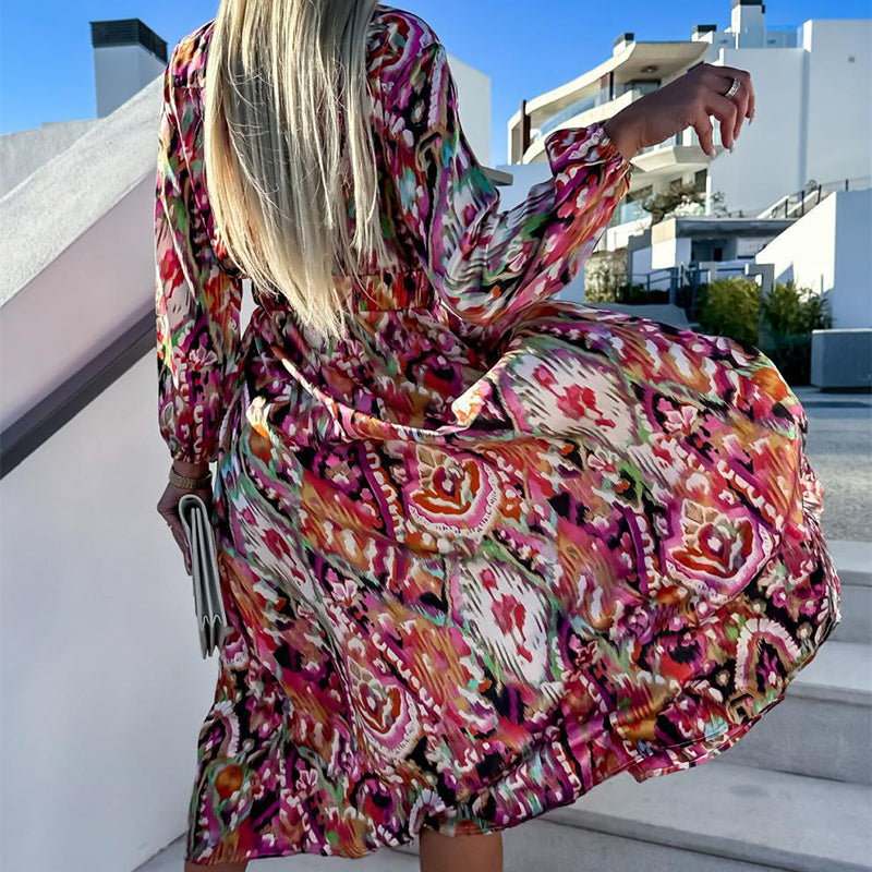 ✨New Arrival✨Women's Printed Long Sleeve V-Neck Split Dress-3