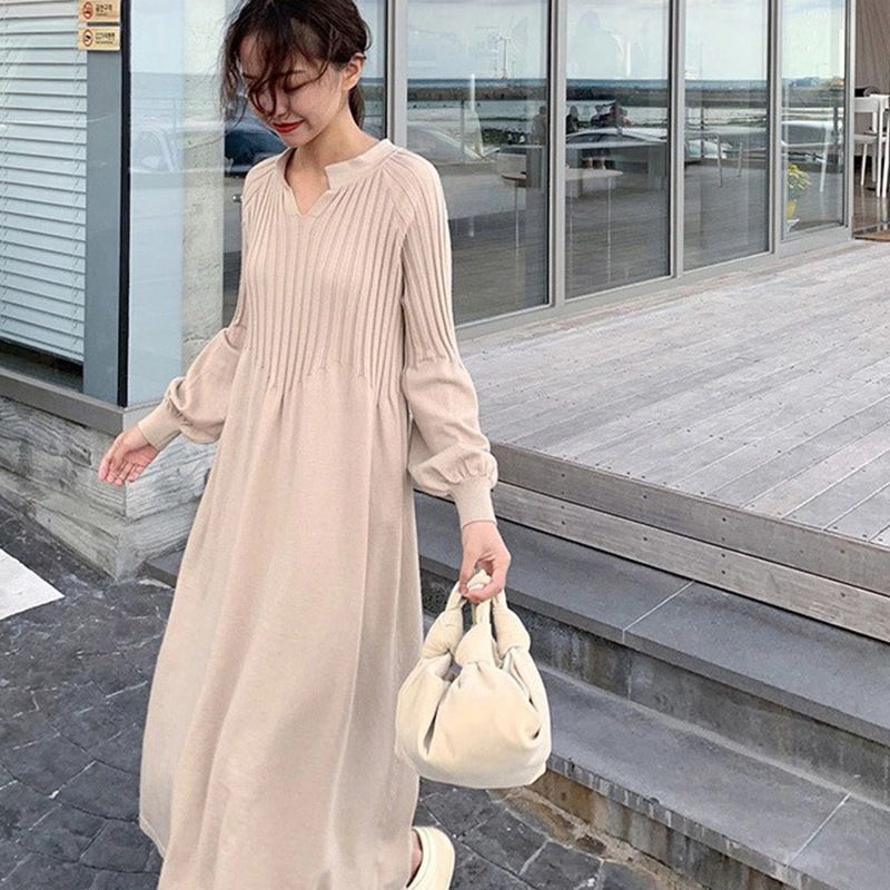 🔥HOT Sale🔥Women's Solid Color Knitted Long-sleeve Maxi Dress-3