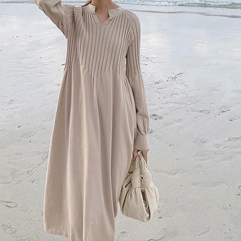 🔥HOT Sale🔥Women's Solid Color Knitted Long-sleeve Maxi Dress-1