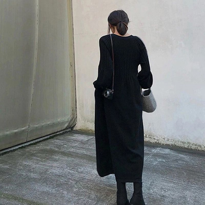 🔥HOT Sale🔥Women's Solid Color Knitted Long-sleeve Maxi Dress-2