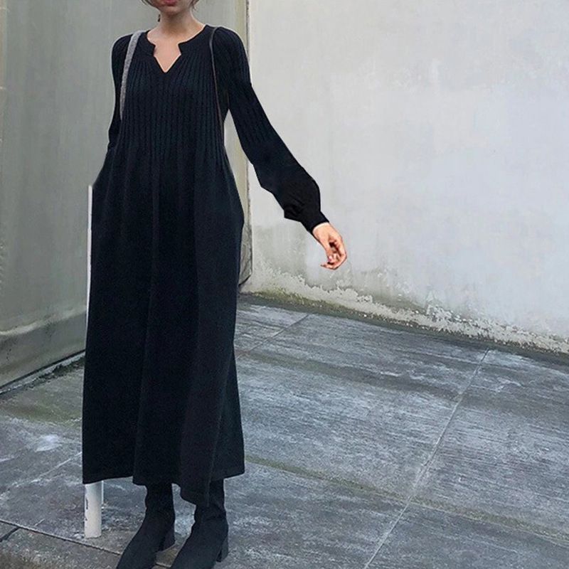 🔥HOT Sale🔥Women's Solid Color Knitted Long-sleeve Maxi Dress-4