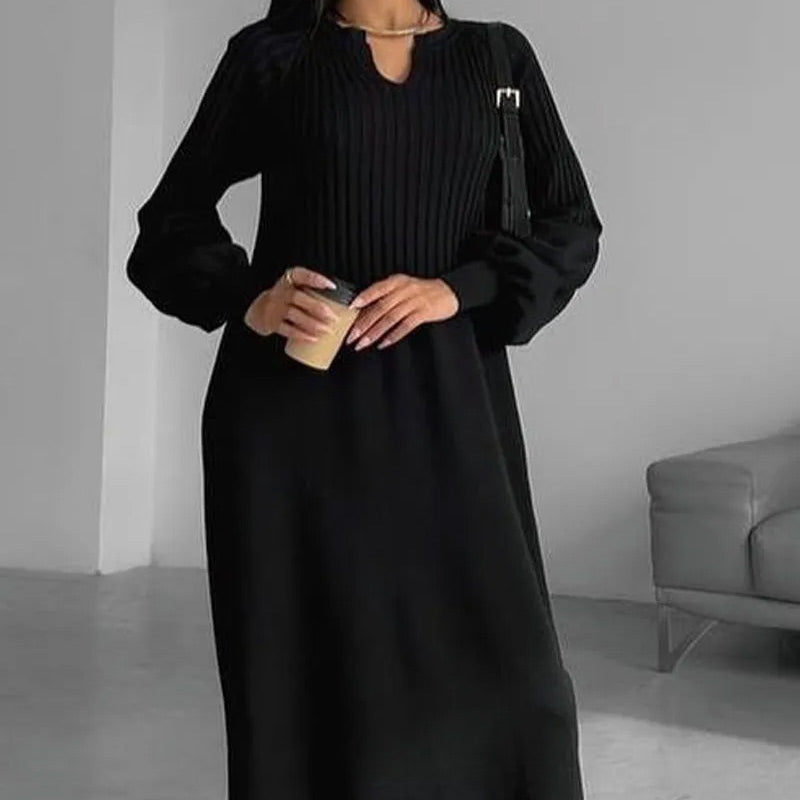 🔥HOT Sale🔥Women's Solid Color Knitted Long-sleeve Maxi Dress-5