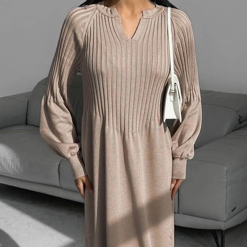🔥HOT Sale🔥Women's Solid Color Knitted Long-sleeve Maxi Dress-7