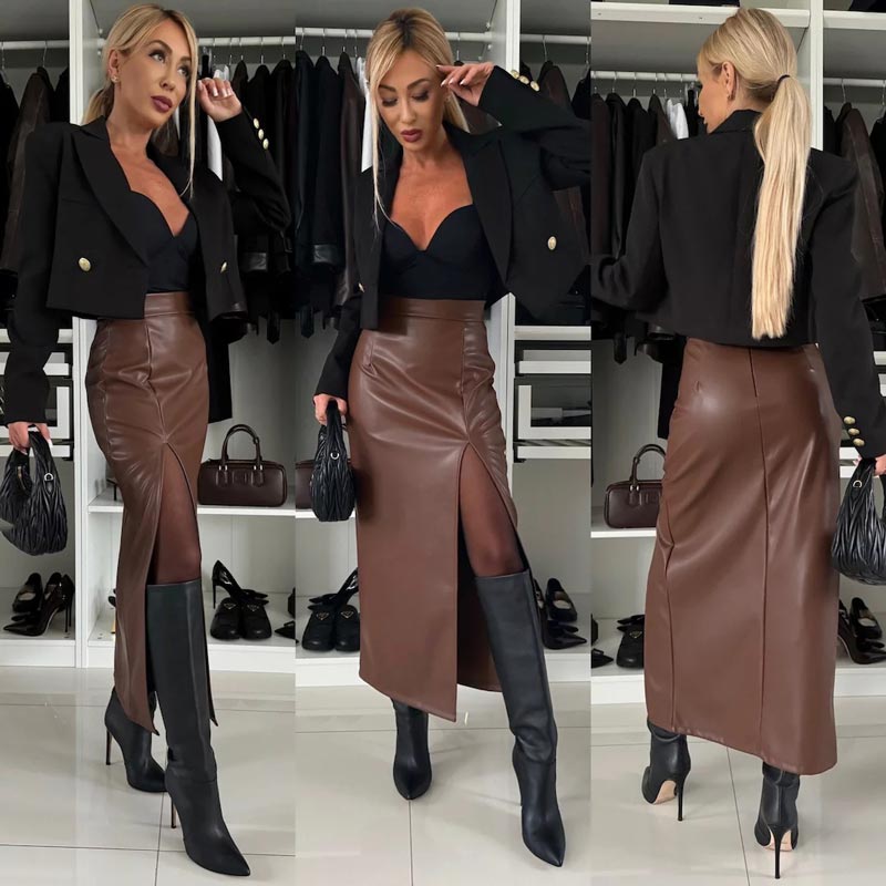 🔥HOT Sale🔥Women's Elegant Sexy High-waist Thigh-slit Leather Skirt-3