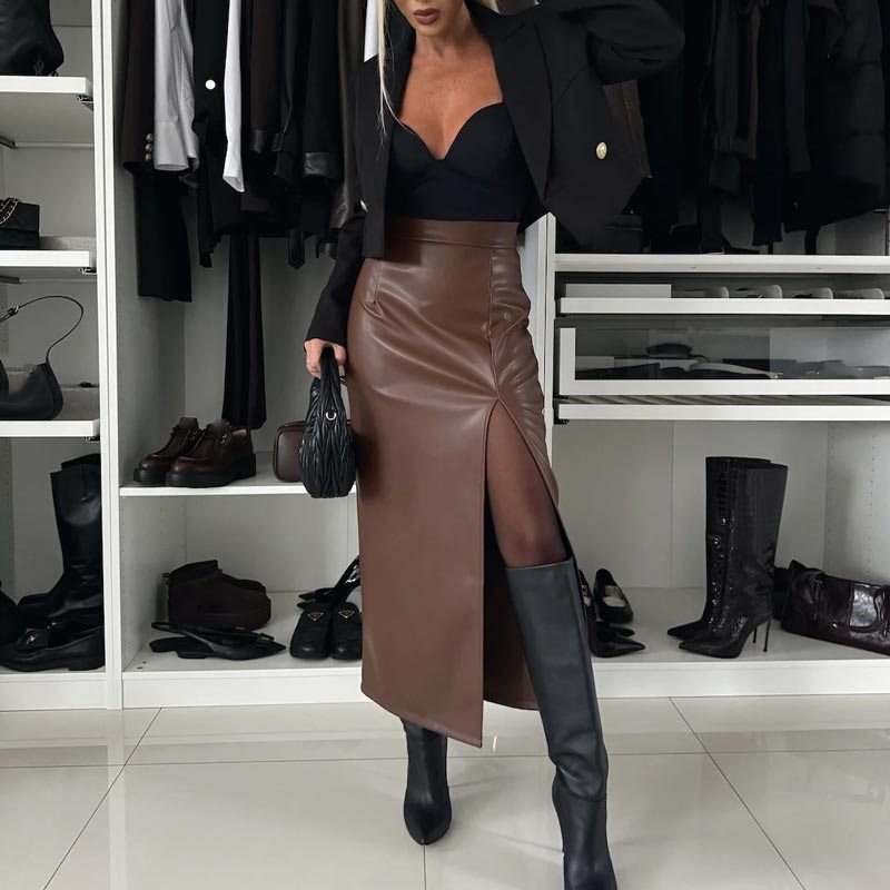 🔥HOT Sale🔥Women's Elegant Sexy High-waist Thigh-slit Leather Skirt-6