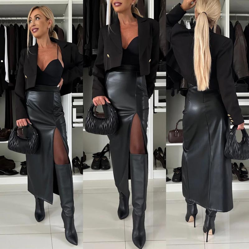 🔥HOT Sale🔥Women's Elegant Sexy High-waist Thigh-slit Leather Skirt-9