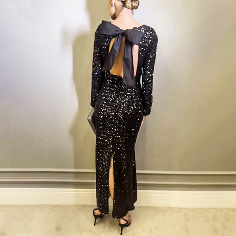 ✨New Arrival✨Sequined Bow Maxi Dress with Backless Split-6