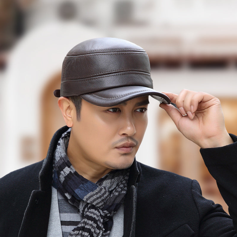 🔥Give the elders a warm winter🍃PU Leather Flat Top Warm Baseball Cap-5