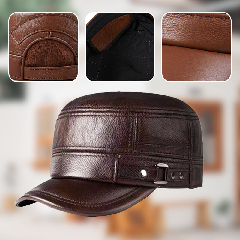 🔥Give the elders a warm winter🍃PU Leather Flat Top Warm Baseball Cap-8