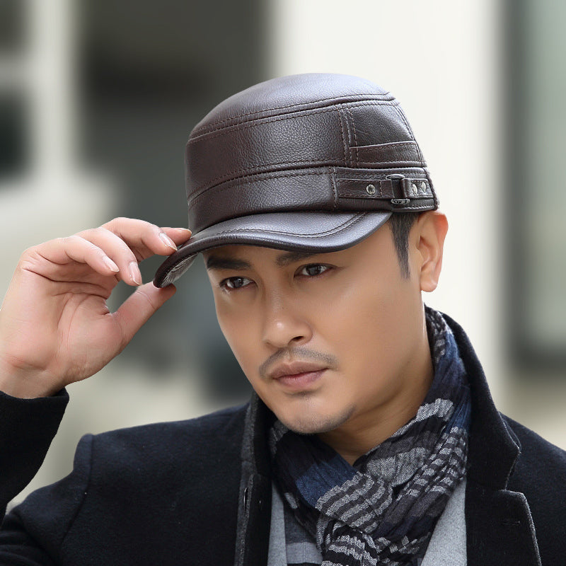 🔥Give the elders a warm winter🍃PU Leather Flat Top Warm Baseball Cap-6