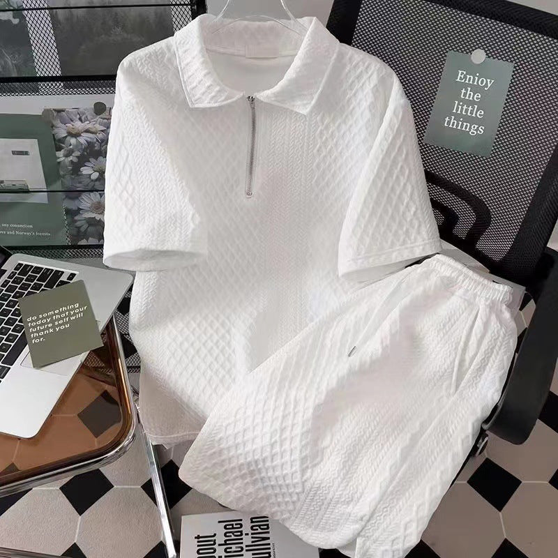 ⏳Limited Sale 50% OFF🌸Men's Waffle Textured Half-Zip Top and Shorts 2-Piece Set-2