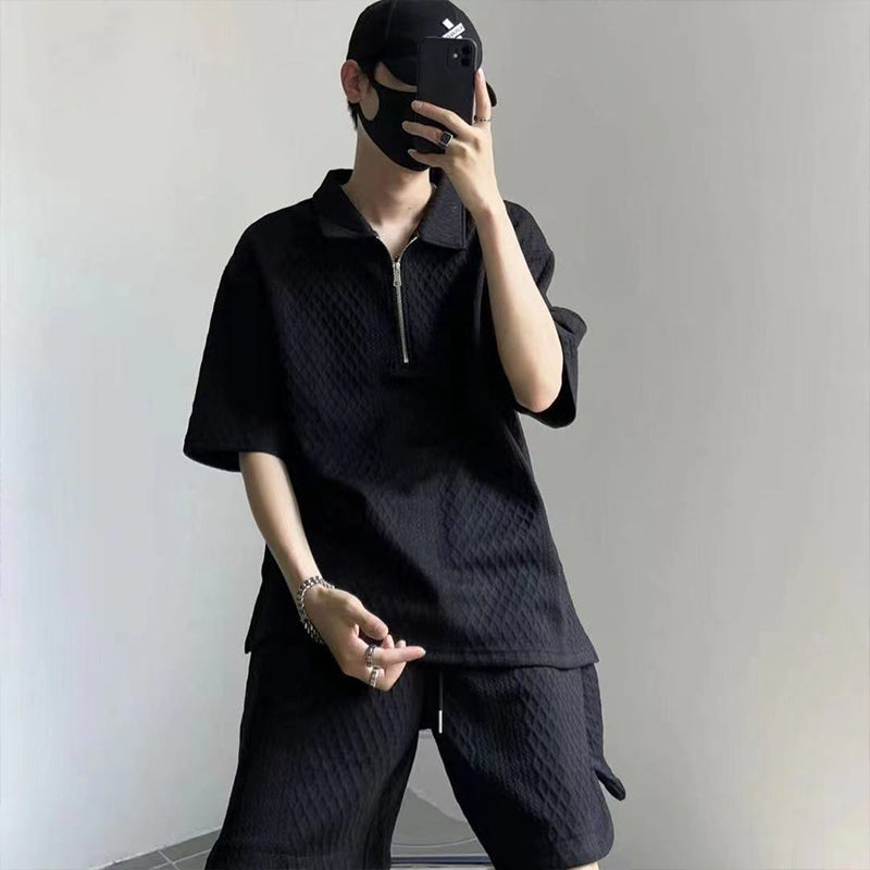 ⏳Limited Sale 50% OFF🌸Men's Waffle Textured Half-Zip Top and Shorts 2-Piece Set-1