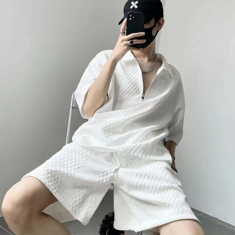⏳Limited Sale 50% OFF🌸Men's Waffle Textured Half-Zip Top and Shorts 2-Piece Set-4