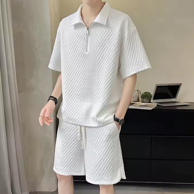 ⏳Limited Sale 50% OFF🌸Men's Waffle Textured Half-Zip Top and Shorts 2-Piece Set-7