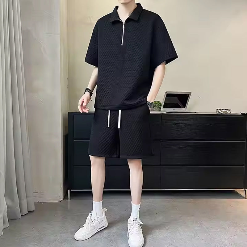 ⏳Limited Sale 50% OFF🌸Men's Waffle Textured Half-Zip Top and Shorts 2-Piece Set-8